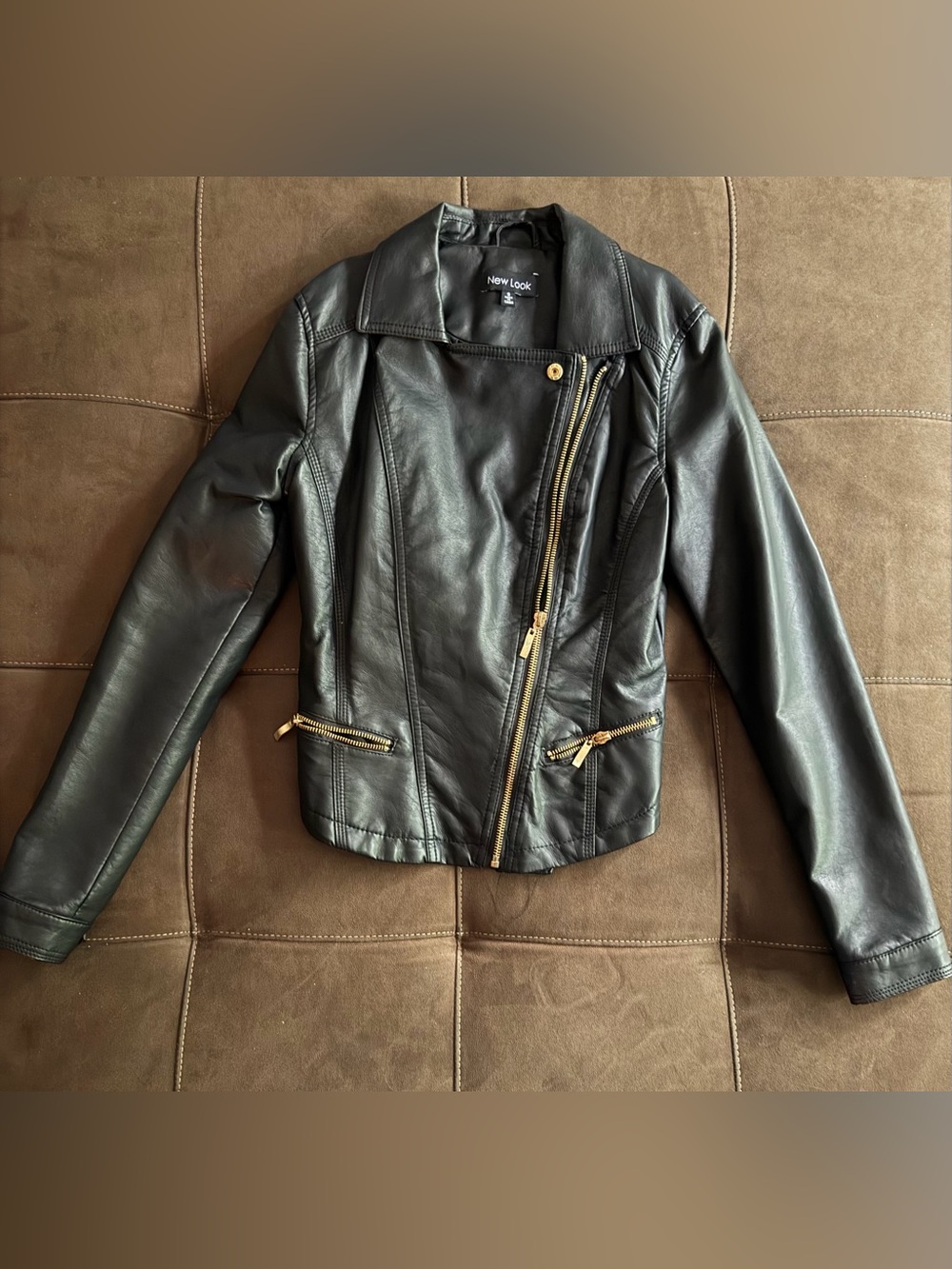 New Look Black Faux Leather Asymmetric Zip Moto Jacket with Gold Hardware